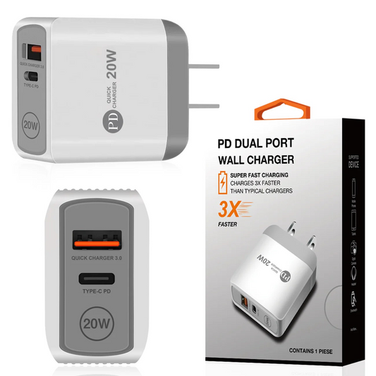 20W Power Delivery Travel Wall Charger Adapter with Dual Ports of USB and Type-C In White