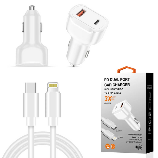 36W PD Dual Ports Travel Car Charger Adapter Fast Charging with USB-C To 8 Pin Cable